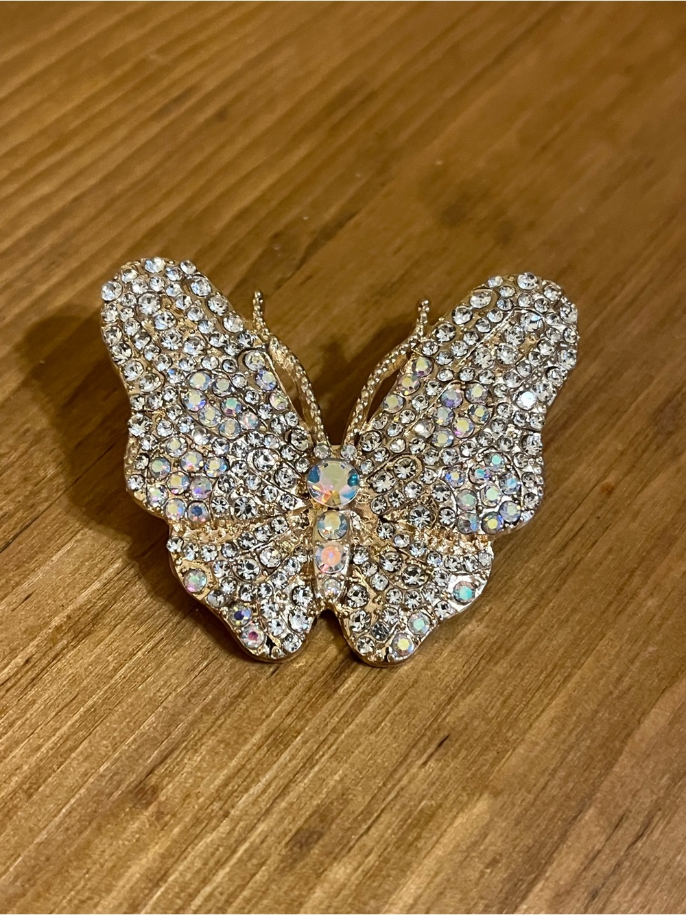 Abalone rhinestone butterfly gold tone golden antennas fold under clasp 1 1/2”